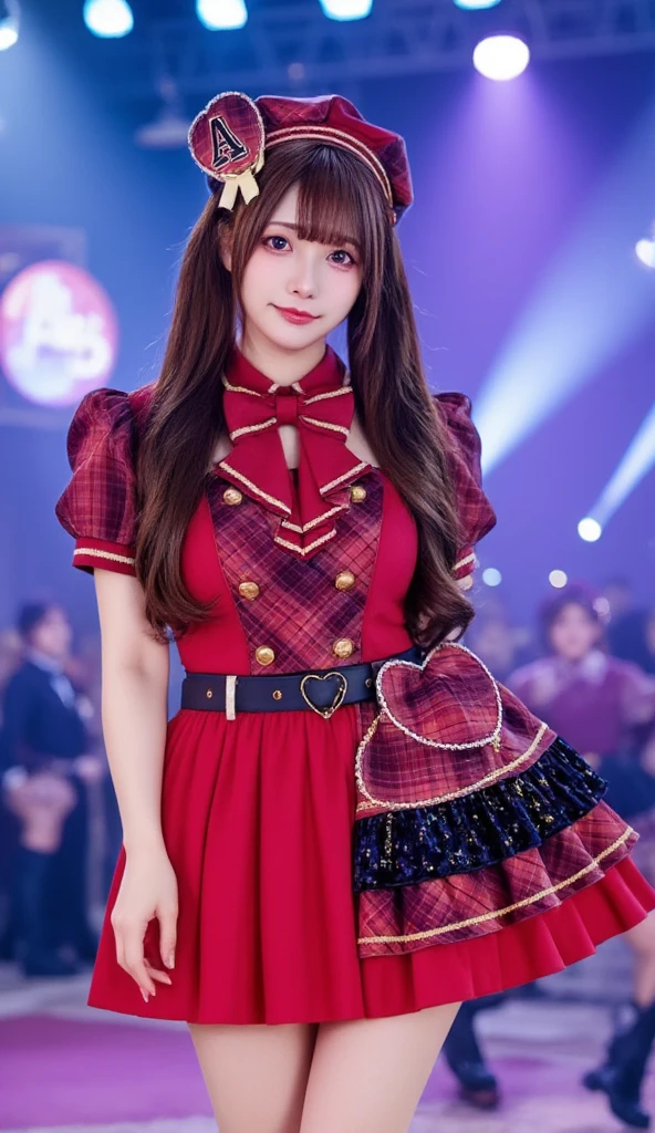 A hyper-realistic portrait of a beautiful 17-year-old Japanese girl dressed as an idol. She has long, golden-brown hair and sparkling bright eyes. Her outfit is a stylish idol uniform in shades of red and black, featuring a short pleated skirt, a fitted top with frills, and matching accessories. She is smiling radiantly in a cheerful pose, standing confidently on a stage setting with soft spotlights and a dreamy, vibrant atmosphere. Highly detailed and realistic lighting, with sharp facial features and smooth textures.