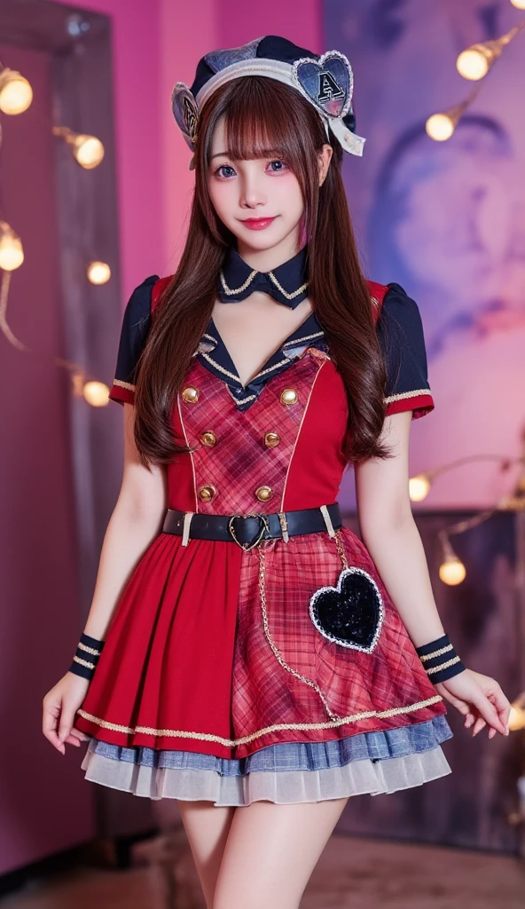 A hyper-realistic portrait of a beautiful 17-year-old Japanese girl dressed as an idol. She has long, golden-brown hair and sparkling bright eyes. Her outfit is a stylish idol uniform in shades of red and black, featuring a short pleated skirt, a fitted top with frills, and matching accessories. She is smiling radiantly in a cheerful pose, standing confidently on a stage setting with soft spotlights and a dreamy, vibrant atmosphere. Highly detailed and realistic lighting, with sharp facial features and smooth textures.