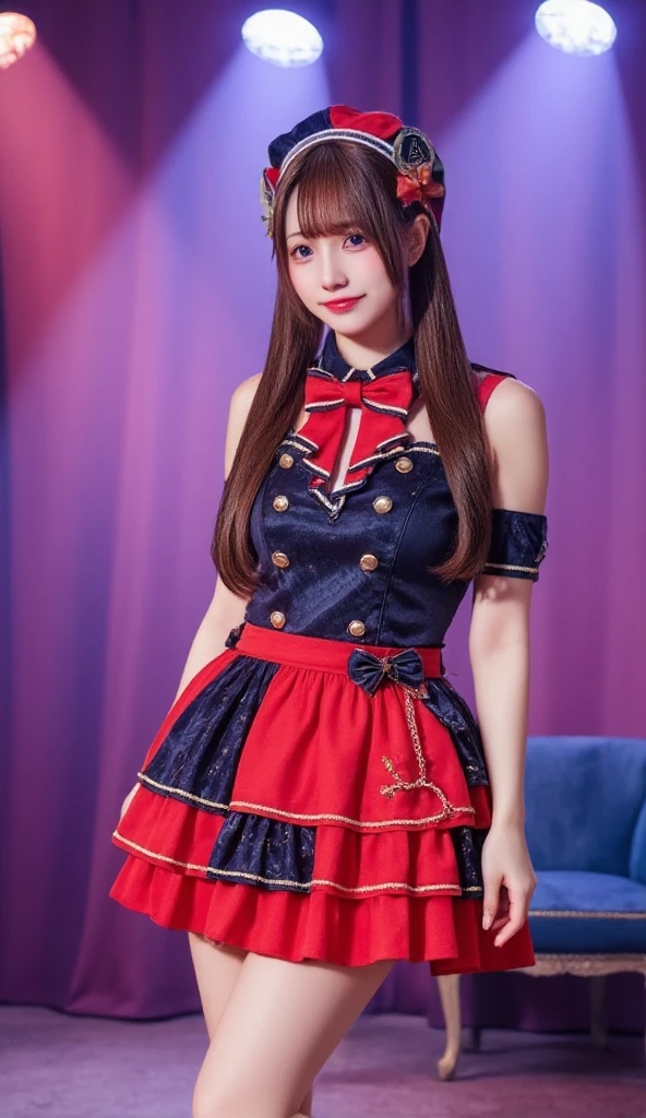 A hyper-realistic portrait of a beautiful 17-year-old Japanese girl dressed as an idol. She has long, golden-brown hair and sparkling bright eyes. Her outfit is a stylish idol uniform in shades of red and black, featuring a short pleated skirt, a fitted top with frills, and matching accessories. She is smiling radiantly in a cheerful pose, standing confidently on a stage setting with soft spotlights and a dreamy, vibrant atmosphere. Highly detailed and realistic lighting, with sharp facial features and smooth textures.