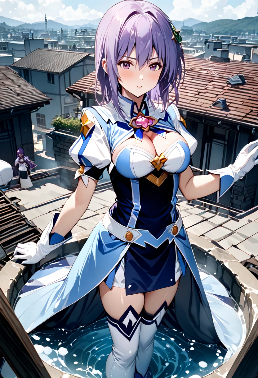  super high res,  stone open-air bath surrounded by very high quality , Hyper Definition,  stone open-air bath surrounded by very high quality ,  very detailed,  very detailed,  perfect details , 8k,  surreal, Genuine,  1 woman in her 20s, Holy Rouge ,   Shiny Silk Magical Girl Costume, Light purple short hair, Purple Hair、 Hair Ornament、 red eyes、 Short Sleeve Puff Sleeves、 dress、 Clevage Cutout、 long gloves、  Thigh-High Stiletto Boots  、Blue footwear、 school rooftop during lunch break、Wink and Strike Pose  、