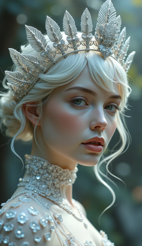 The goddess, winged tiara, silver laurel leaves, head to breast, silicone cybernetics. High Resolution, Masterpiece, Award Winning, Best Quality, High Details, High Quality, UHD, Optical Illusion, Impressionism, Art Deco, Cinematic, Cinematography, Futurism, Hyperrealism, Photorealistic, Unreal Engine, 