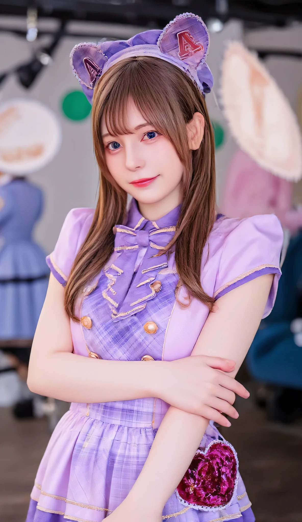 A hyper-realistic portrait of a beautiful 17-year-old Japanese girl dressed as an idol. She has long, golden-brown hair and sparkling bright eyes. Her outfit is a stylish idol uniform in shades of pink and purple, featuring a short pleated skirt, a fitted top with frills, and matching accessories. She is smiling radiantly in a cheerful pose, standing confidently on a stage setting with soft spotlights and a dreamy, vibrant atmosphere. Highly detailed and realistic lighting, with sharp facial features and smooth textures.