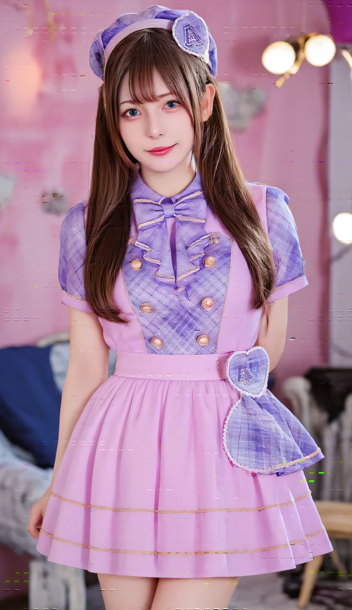 A hyper-realistic portrait of a beautiful -yeld Jaese girl dressed as an idol. She has long, golden-brown hair and sparkling bright eyes. Her outfit is a stylish idol uniform in shades of pink and purple, featuring a short pleated skirt, a fitted top with frills, and matching accessories. She is smiling radiantly in a cheerful pose, standing confidently on a stage setting with soft spotlights and a dreamy, vibrant atmosphere. Highly detailed and realistic lighting, with sharp facial features and smooth textures.