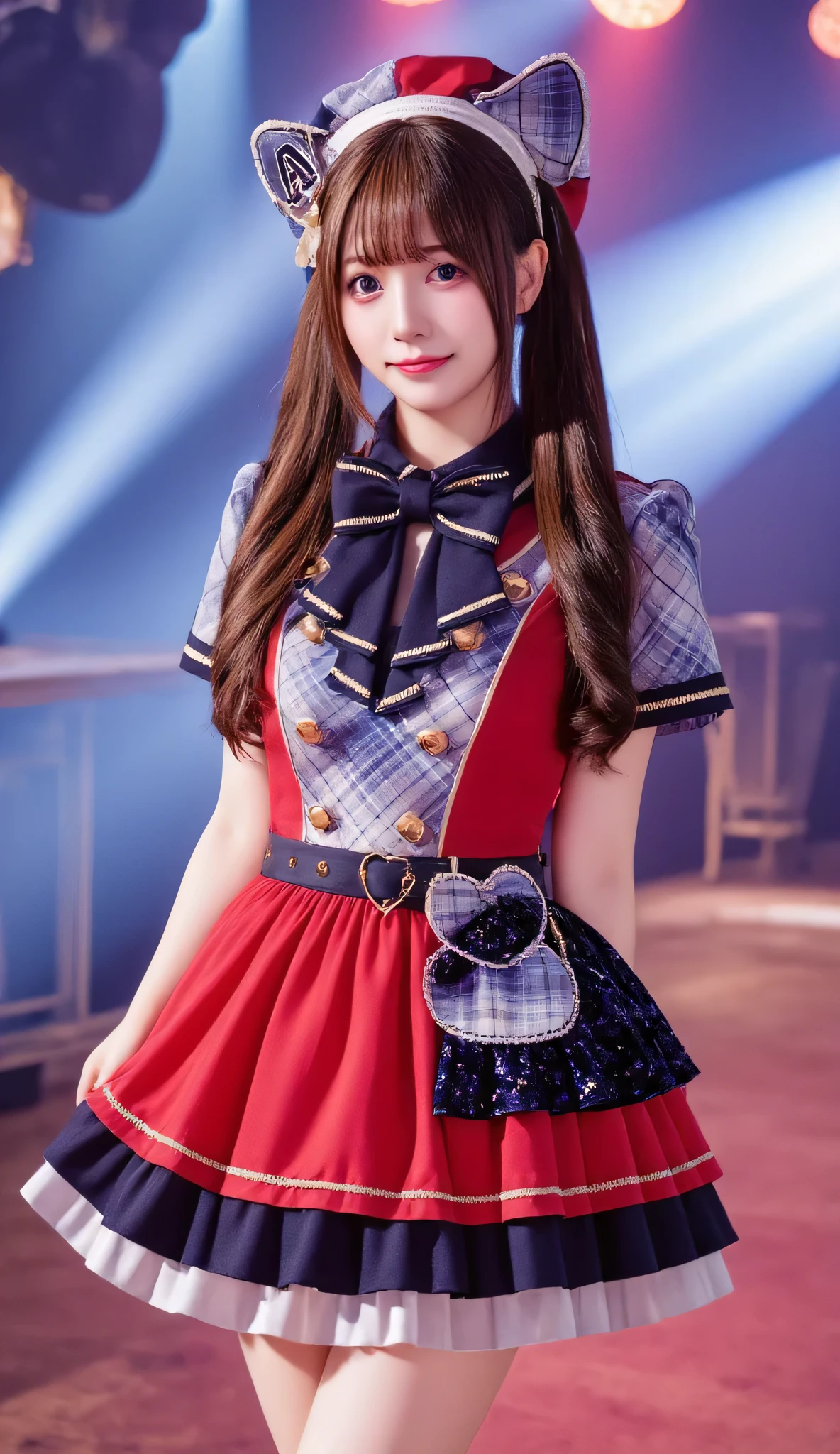 A hyper-realistic portrait of a beautiful 17-year-old Japanese girl dressed as an idol. She has long, golden-brown hair and sparkling bright eyes. Her outfit is a stylish idol uniform in shades of red and black, featuring a short pleated skirt, a fitted top with frills, and matching accessories. She is smiling radiantly in a cheerful pose, standing confidently on a stage setting with soft spotlights and a dreamy, vibrant atmosphere. Highly detailed and realistic lighting, with sharp facial features and smooth textures.