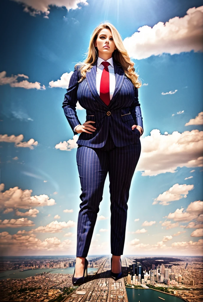 Looking up at the approaching young giantess, Giantess art, 500 miles tall giga giantess, young sophisticated and stylish woman in a light grey italian pinstriped trouser suit, form fitting crisp office shirt, and a large wide yellow necktie in a windsor knot, with a beautiful, curvaceous figure, large natural breasts, and long wavey blonde hair, with a curvaceous figure and massive breasts. wearing blue rounded court high heels with uncovered feet and standing, rampage-like pose, with a city skyscrapers background of mega-city, skyscapers, partially obscured by a hazy, cloudy atmosphere. The image is a high-resolution, masterpiece-quality, cinematic, ultra-detailed, and hyper-photorealistic photograph, with perfect hands, face, and lighting. ultra-detailed, 8K, photo-realistic, hyper-realistic, masterpiece, intricate details, full body view. Looking at camera, The image is a high-resolution, masterpiece-quality, cinematic, ultra-detailed, and hyper-photorealistic photograph, with perfect hands, face, and lighting. ultra-detailed, 8K, photo-realistic, hyper-realistic, masterpiece, intricate details,