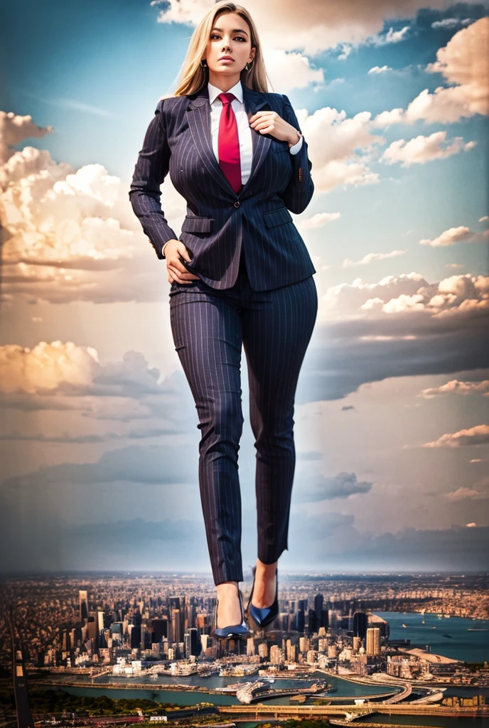 Looking up at the approaching young giantess, Giantess art, 500 miles tall giga giantess, young sophisticated and stylish woman in a light grey italian pinstriped trouser suit, form fitting crisp office shirt, and a large wide yellow necktie in a windsor knot, with a beautiful, curvaceous figure, large natural breasts, and long wavey blonde hair, with a curvaceous figure and massive breasts. wearing blue rounded court high heels with uncovered feet and standing, rampage-like pose, with a city skyscrapers background of mega-city, skyscapers, partially obscured by a hazy, cloudy atmosphere. The image is a high-resolution, masterpiece-quality, cinematic, ultra-detailed, and hyper-photorealistic photograph, with perfect hands, face, and lighting. ultra-detailed, 8K, photo-realistic, hyper-realistic, masterpiece, intricate details, full body view. Looking at camera, The image is a high-resolution, masterpiece-quality, cinematic, ultra-detailed, and hyper-photorealistic photograph, with perfect hands, face, and lighting. ultra-detailed, 8K, photo-realistic, hyper-realistic, masterpiece, intricate details,