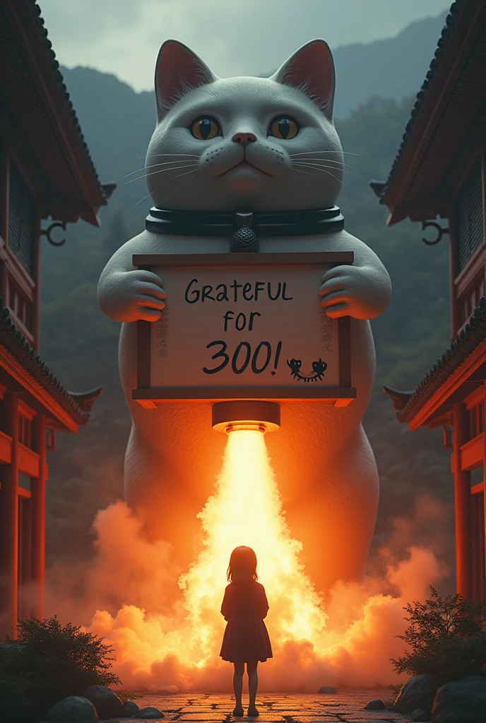 ultra-realistic, photorealistic, dramatic scene, shadow, global-illumination, solo, the girl is in the Precincts of the Japanese temple, there is a statue of the giant fat cat instead of the Giant Buddha, she is looking at the statue, It looks like a statue of a cat but in fact is a rocket now at the moment of launch, Fierce flames shot out from the rocket engine and slightly off the ground, the giant cat statue is holding a extremely huge signboard that says "Grateful for 300!" and cute kitten is printed on it, dynamic angle