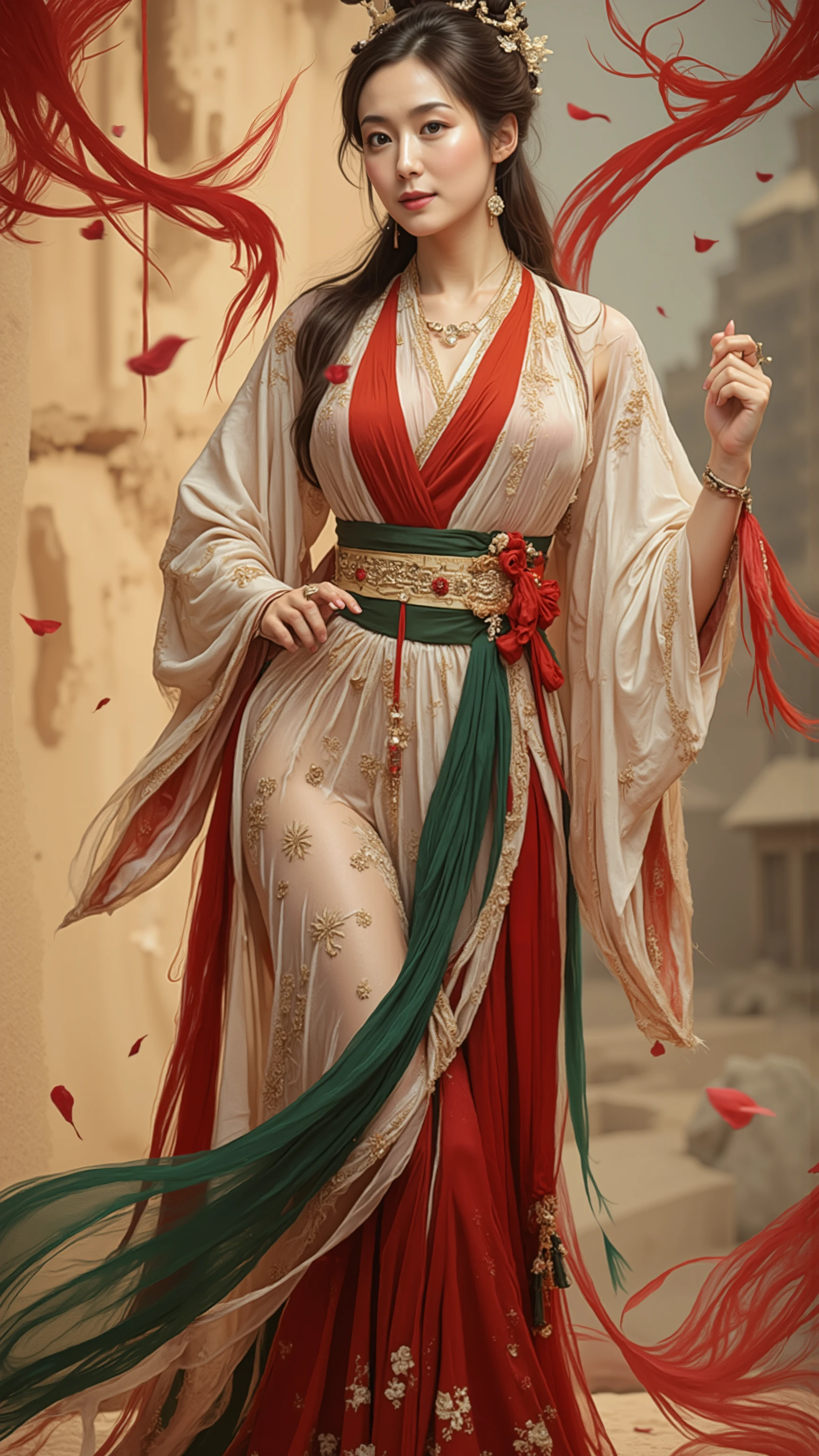 （8k，RAW photos，best qualtiy，tmasterpiece：1.2），（realisticlying，Photorealistic and realistic：1.4），（Very detailed CG unity 8k wallpaper），（1个Giant Breast Girl），dance，dunhuang_dress，dunhuang_style，dunhuang_background，One arm up，One hand forward，Gold ornaments，Ancient Chinese hairstyle，gossamer，Streamers，light make-up，eye shadows，Eyebrow nevi，（confront），dynamicposes，Background smoke surrounding，Red and green color scheme，Petals flying,the detail，jewelry，耳Nipple Ring，bangle，bshoulders，complex texture，bust，Guqin，lute，(tmasterpiece：1.3)，best qualtiy，A high resolution，A tall and beautiful woman，Densely textured skin，fine double eyelids and bright eyes，Dark brown wavy hair，dunhuang_dress,dunhuang_clothes,Around the belt，Wearing a necklace，（Desert dunes as a backdrop），Presents beautiful facial details and skin texture。