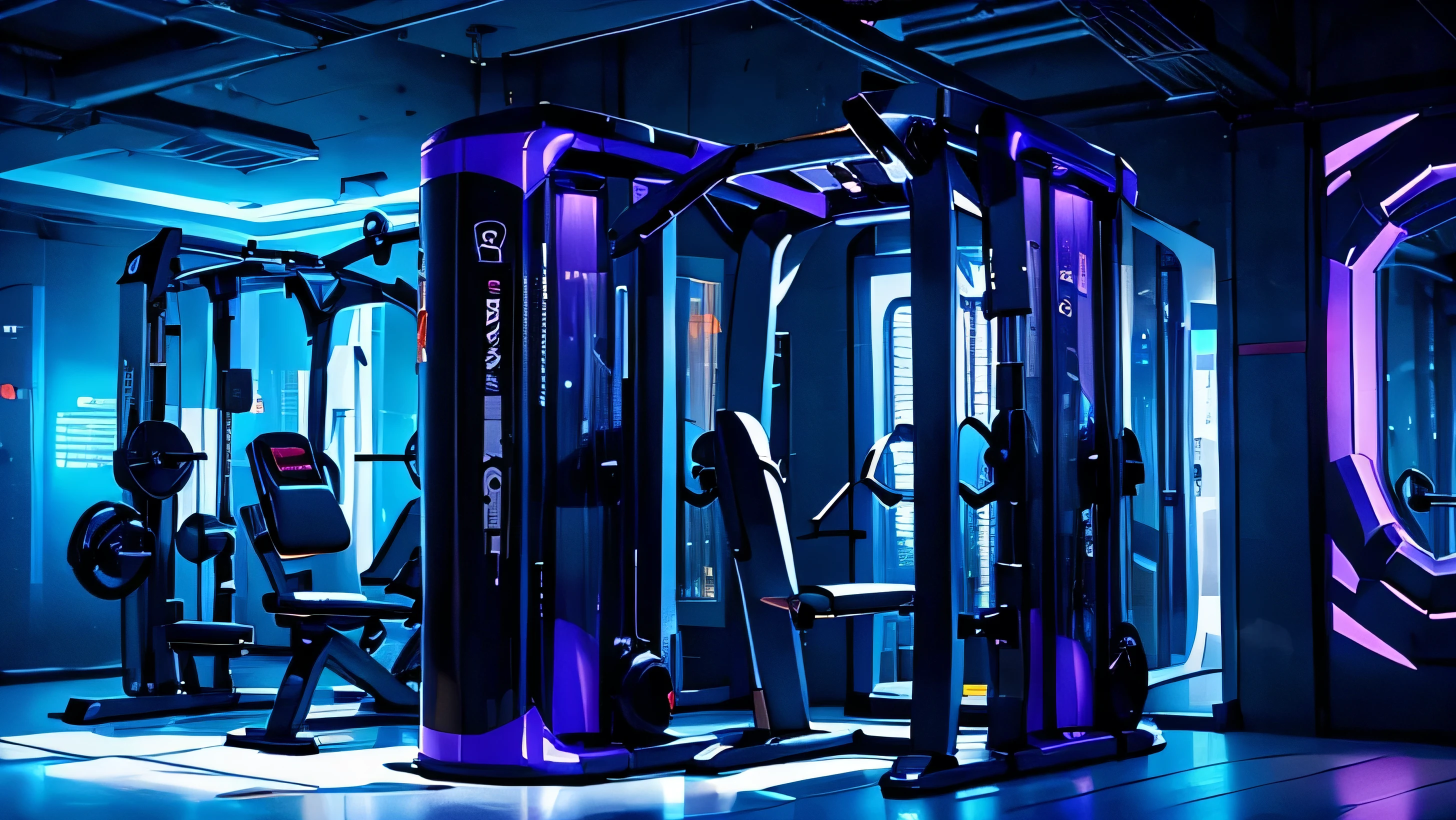 cyberpunk gym, blue and purple light, futuristic, modern, sci-fi, no human, simple, dumbell
