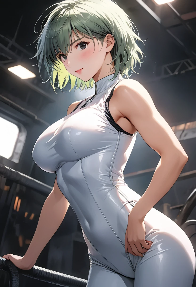 masterpiece, BestQuality, High resolution,16k,official art,super detailed skin,detailed,animated painting,(aina sahalin1.3),1990s \(style\),(F-cup beautiful breasts:1.3), (tall:1.2),(height: 170cm,Fashion model body type:1.2),pointed eyes,black eyes,green hair,short cut hair,(athletic Muscular:1.2)、white rubber suit,(clevage is exposed:1.3),1girl,solo,nsfw,sexy,cool face,light smile,shy,blush,Anime-style painting style,Close up on full body,Cinematic lighting,Superfine,in the armory