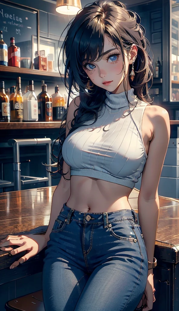 8k, best quality, realistic photos, realistic details, clear face, delicate facial features, real skin shine, a cute girl, shy, facing the camera, girl sitting in a bar in a gray fishnet sweater and tight denim, clear bar background, sea view, arms on bar counter, hips, slim body, big breasts, 24 years old, charming, seductive eyes