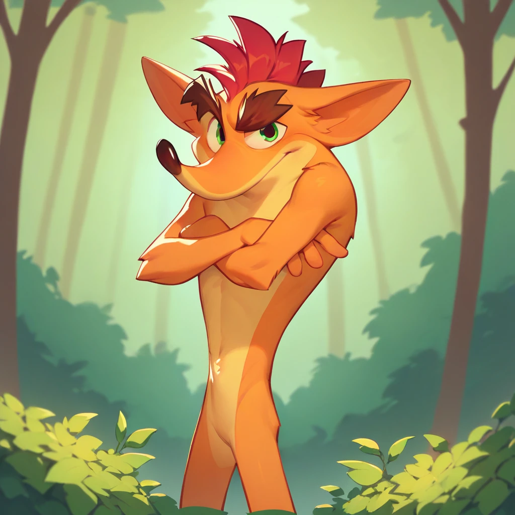 Crash Bandicoot,Furry,Orange Fur,Light Orange Under Belly,Green Eyes,Mohawk,Red Hair,Thick Eyebrows,Dark Brown Nose,Big Pointy Ears,naked,nude,crossed arms,naughty look,full body,forest background, 