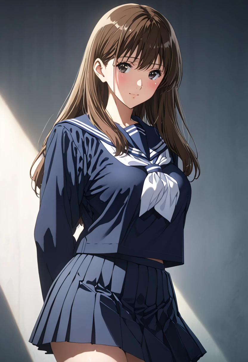 masterpiece, BestQuality, High resolution,16k,official art,super detailed skin,detailed,animated painting,(kuroe mayu:1.3),1990s \(style\),(F-cup beautiful breasts:1.3), (tall:1.2),height: 170cm,Fashion model body type,black eyes,brown hair,long hair,(highschool uniform,navy sailor uniform,navy mini skirt:1.3)、1girl,solo,nsfw,sexy,cool face,light smile,shy,blush,Anime-style painting style,Close up on full body,Cinematic lighting,Superfine,in the city