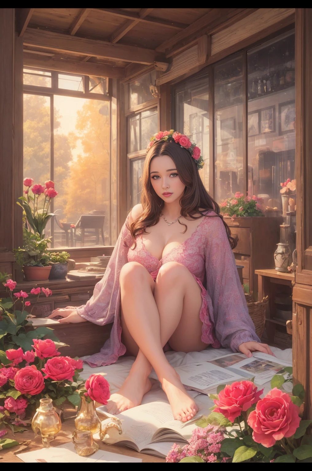 ((masterpiece, highest quality, Highest image quality, High resolution, photorealistic, Raw photo, Extremely detailed CG unified 8k wallpaper)), (huge stunning goddess shot, very hot and sexy, jaw-dropping beauty, perfect proportions, gigantic breasts), a picnic outfit, a smiling young woman, a painting of a sunset over a field of tulips, by RHADS, floral sunset, tulips, vibrant oil painting, colorful landscape painting, by Jan Gregoor, roses and tulips, dutch style painting, gorgeous painting, colorful oil painting, at sunrise in springtime, magical colorful flowers, Jennifer Love Hewitt