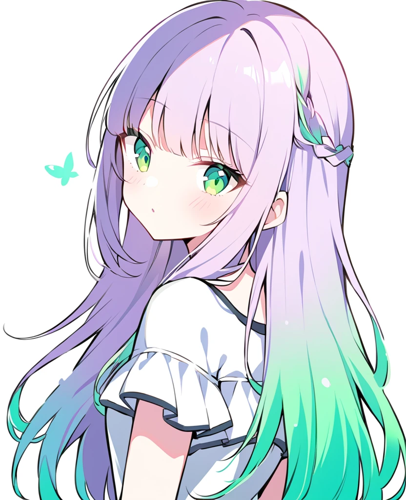 ((1 person)), girl, top rated on pixiv,Green Hair,light purple hair tips , gradient color hair, long hair, green eyes,Princess, empty background,(White background)