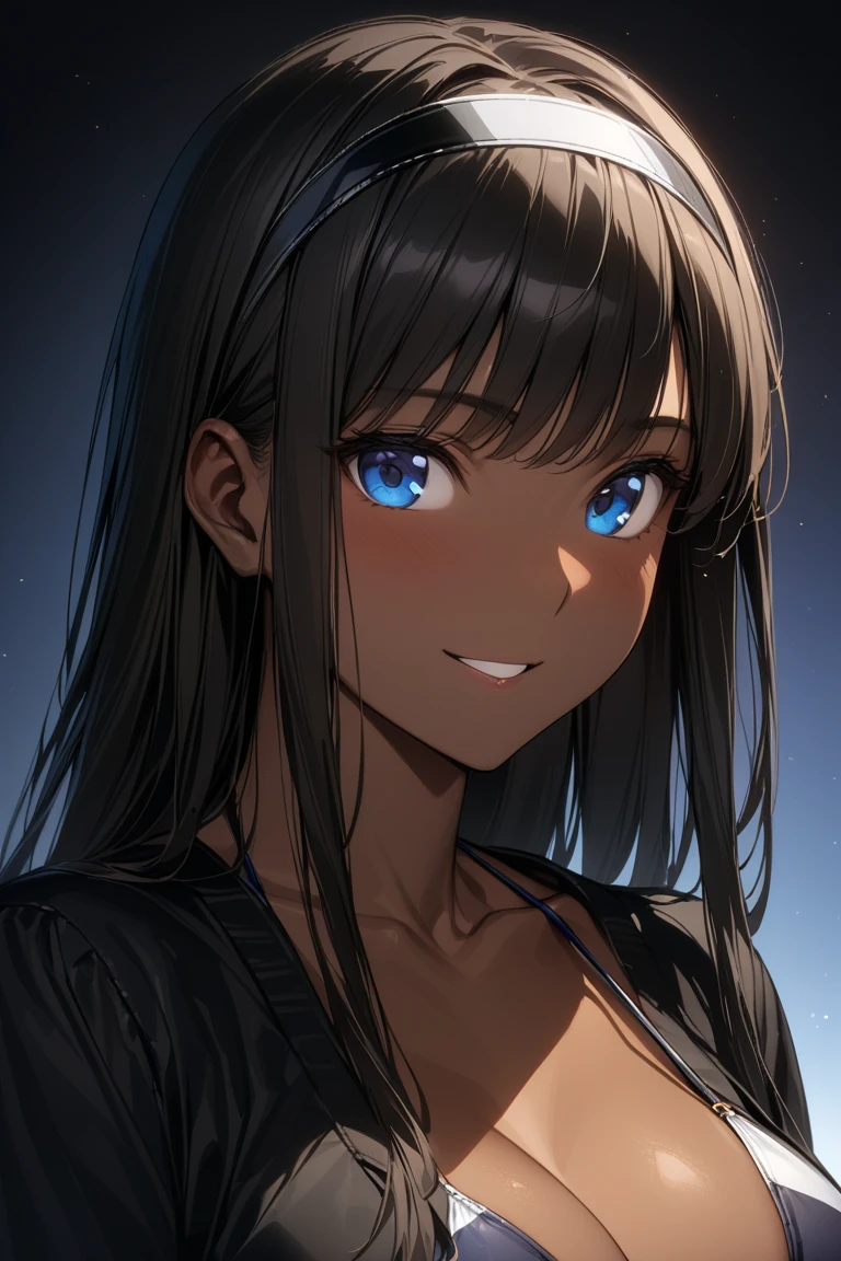 (masterpiece),(best quality),(ultra-detailed),(best illustration),(best shadow),(absurdres),(detailed background),(very aesthetic), haruka_Morishima, 1girl, alone, (((( swimsuit )))) , hairband, long hair, blue eyes, black hair, long sleeves, smile, black jacket, jacket, very close-up, portrait, anime coloring(((( dark skin:1.9 )))), masterpiece, masterpiece, masterpiece, masterpiece, masterpiece, masterpiece, masterpiece, masterpiece, masterpiece, masterpiece, masterpiece,  High Definition ,  High Definition ,  High Definition ,  High Definition ,  High Definition ,  High Definition ,  High Definition ,  High Definition ,  ANATOMICALLY CORRECT ,  ANATOMICALLY CORRECT ,  ANATOMICALLY CORRECT ,  ANATOMICALLY CORRECT ,  ANATOMICALLY CORRECT ,  ANATOMICALLY CORRECT ,  ANATOMICALLY CORRECT ,  ANATOMICALLY CORRECT ,  ANATOMICALLY CORRECT ,  ANATOMICALLY CORRECT ,  ANATOMICALLY CORRECT ,  ANATOMICALLY CORRECT ,  ANATOMICALLY CORRECT ,  ANATOMICALLY CORRECT ,  ANATOMICALLY CORRECT ,  ANATOMICALLY CORRECT ,  ANATOMICALLY CORRECT ,  ANATOMICALLY CORRECT ,  ANATOMICALLY CORRECT ,  ANATOMICALLY CORRECT ,  ANATOMICALLY CORRECT ,  ANATOMICALLY CORRECT ,  ANATOMICALLY CORRECT , 最 High Quality , 最 High Quality , 最 High Quality ,  最 High  Quality , 最 High Quality ,  won many awards ,  won many awards ,  won many awards ,  won many awards ,  won many awards ,  won many awards ,  won many awards ,  won many awards ,  won many awards ,  won many awards ,  won many awards ,  High Details,  High Details,  High Details,  High Details,  High Details,  High Details,  High Details,  High Details,  High Details,  High Details,  High Details,  very detailed,  very detailed,  very detailed,  very detailed,  very detailed,  very detailed,  very detailed,  very detailed,  very detailed,   Ultra Fine ,   Ultra Fine ,   Ultra Fine ,   Ultra Fine ,   Ultra Fine ,   movie light effect,  movie light effect,  movie light effect,  movie light effect,  movie light effect,  movie light effect,  movie light effect,  movie light effect,  movie light effect,  movie light effect,  movie light effect,  movie light effect,  movie light effect,  movie light effect,  movie light effect,  movie light effect,  movie light effect,  movie light effect,  movie light effect,  movie light effect,  movie light effect,  movie light effect, 