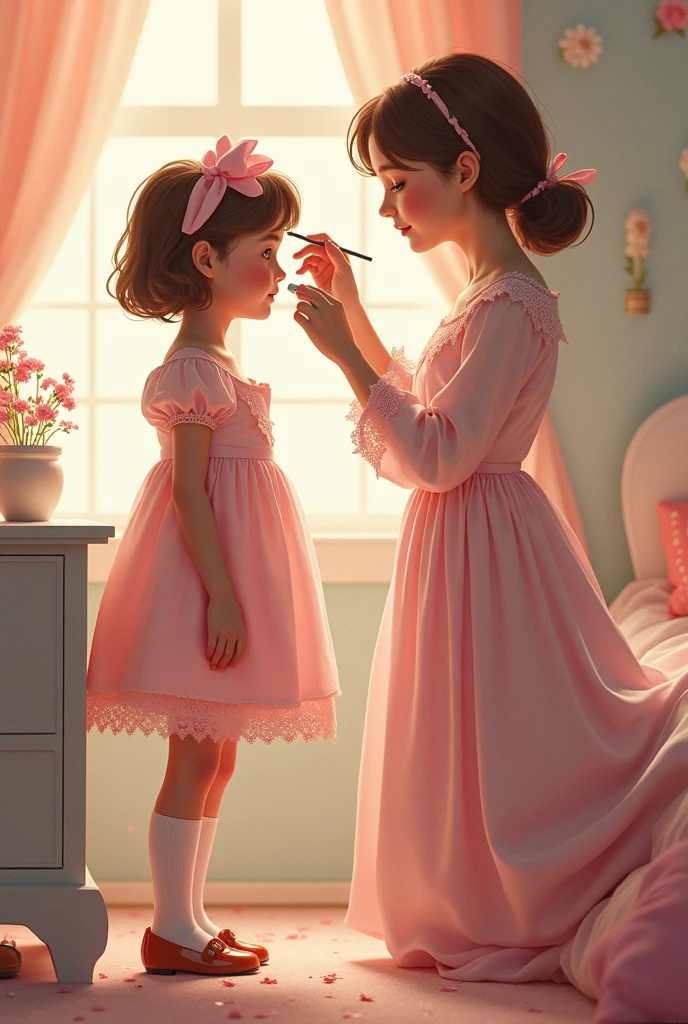 Twin sisters sleeping in a coffin,The older sister wore a light blue dress,The younger sister wears a pink dress,Mary Jane shoes,Mature and beautiful