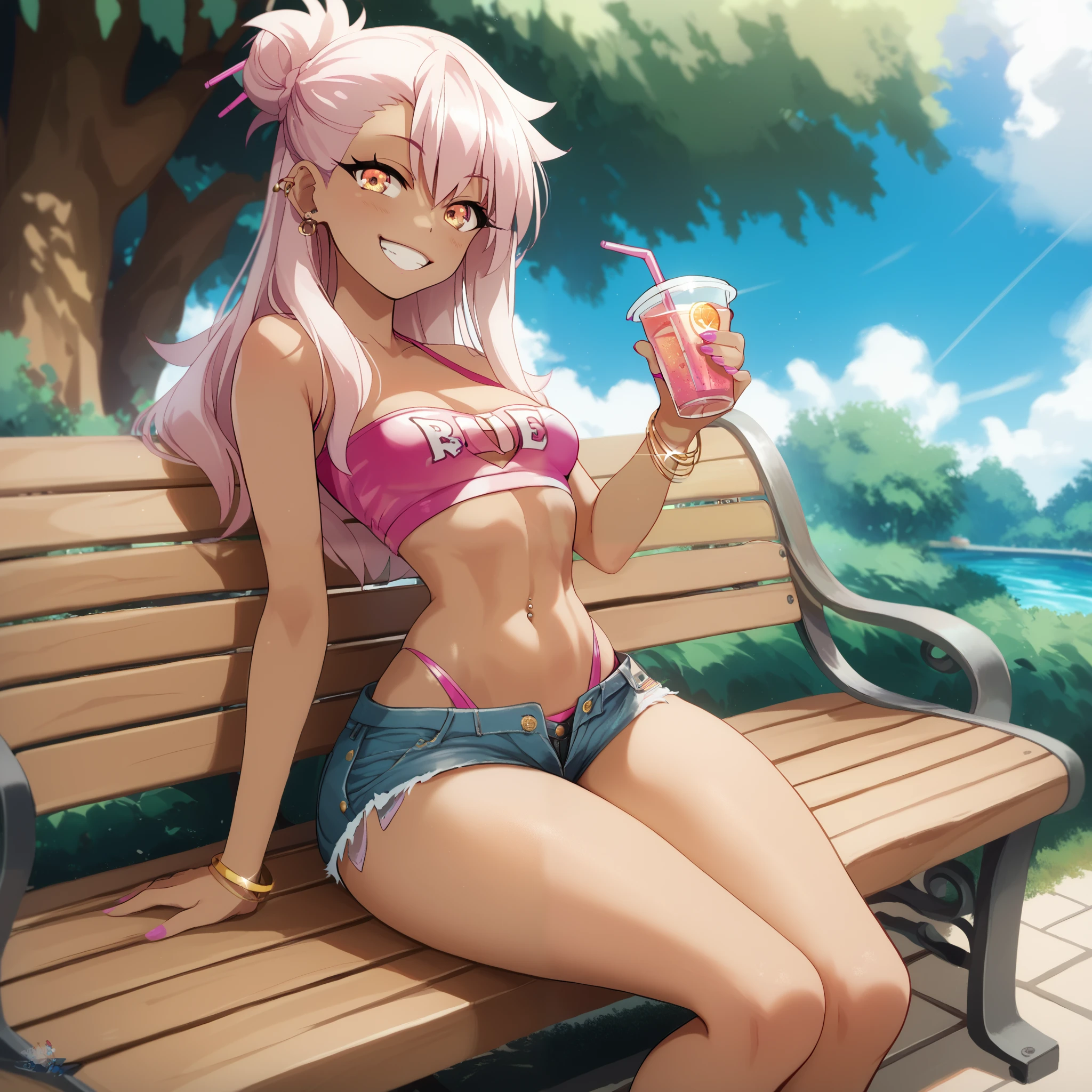 1girl,solo,smile,outdoor,midriff, pink tube top, denim hotpants, open fly, beld, gyaru clothes, thighighs,sitting,bench, chloe,dark_skinned_female,dark_skin,long_hair,pink_hair,yellow_eyes,hair_between_eyes,white_hair,bangs,small_breasts,,half_updo,one_side_up, young girl, loli:1.3, slender waist, nice hips, slut