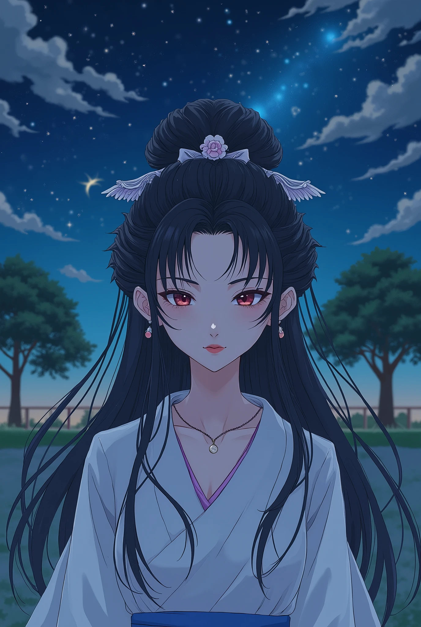 anime,  manga ,  Japanese woman, beautiful,  beauty, goddess, Black hair updo, Mid-chest,  and my eyes are narrow ,  pink lips, necklace,  hair ornament,  gentle expression ,  most beautiful , night,  starry sky , Majestic, 星が瞬くnight, Moonlight, Large tree, Grass Square,  8K,  high definition, 