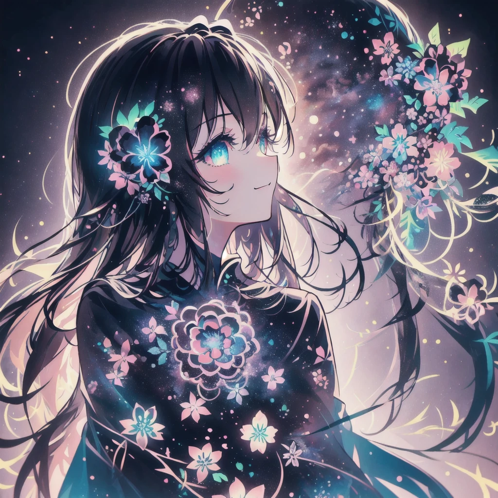  Masterpiece,  top quality , best details、 (  silhouette:1.3),  long hair, 輝く瞳,   beautiful eyes, star (null),   PROFILE  , flower, smile、 neon color background、