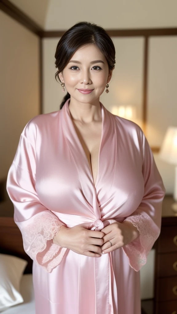  Masterpiece , top quality , (Dear. :1), ,（ stand in front of a gorgeous bed:1.8)、 beautiful lighting arranged in an orderly manner、 staring at me、Full body photo night，(Naked pink silk bathrobe only:1.2)、( beautiful mature woman :1.5)，、 long legs ， skin hyperdetail ，（Wrinkles around the eyes:1.5),（ small face:1.3)， Panoramic View，（ slightly chubby :1.4)、，(Big Breasts :1.5)，(Beautiful women over 60 :1.5),  （Beautiful curly long hair:1.8)、 perfect face,,  ( detailed facial features ),  (A clean and elegant face:1.6)、 necklace、 earrings for women with first name