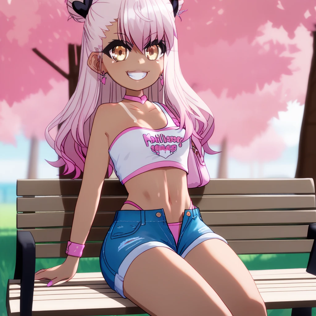 1girl,solo,smile,outdoor,midriff, pink tube top, denim hotpants, open fly, beld, gyaru clothes, thighighs,sitting,bench, chloe,dark_skinned_female,dark_skin,long_hair,pink_hair,yellow_eyes,hair_between_eyes,white_hair,bangs,small_breasts,,half_updo,one_side_up, young girl, (**li:1.3), slender waist, nice hips, slut