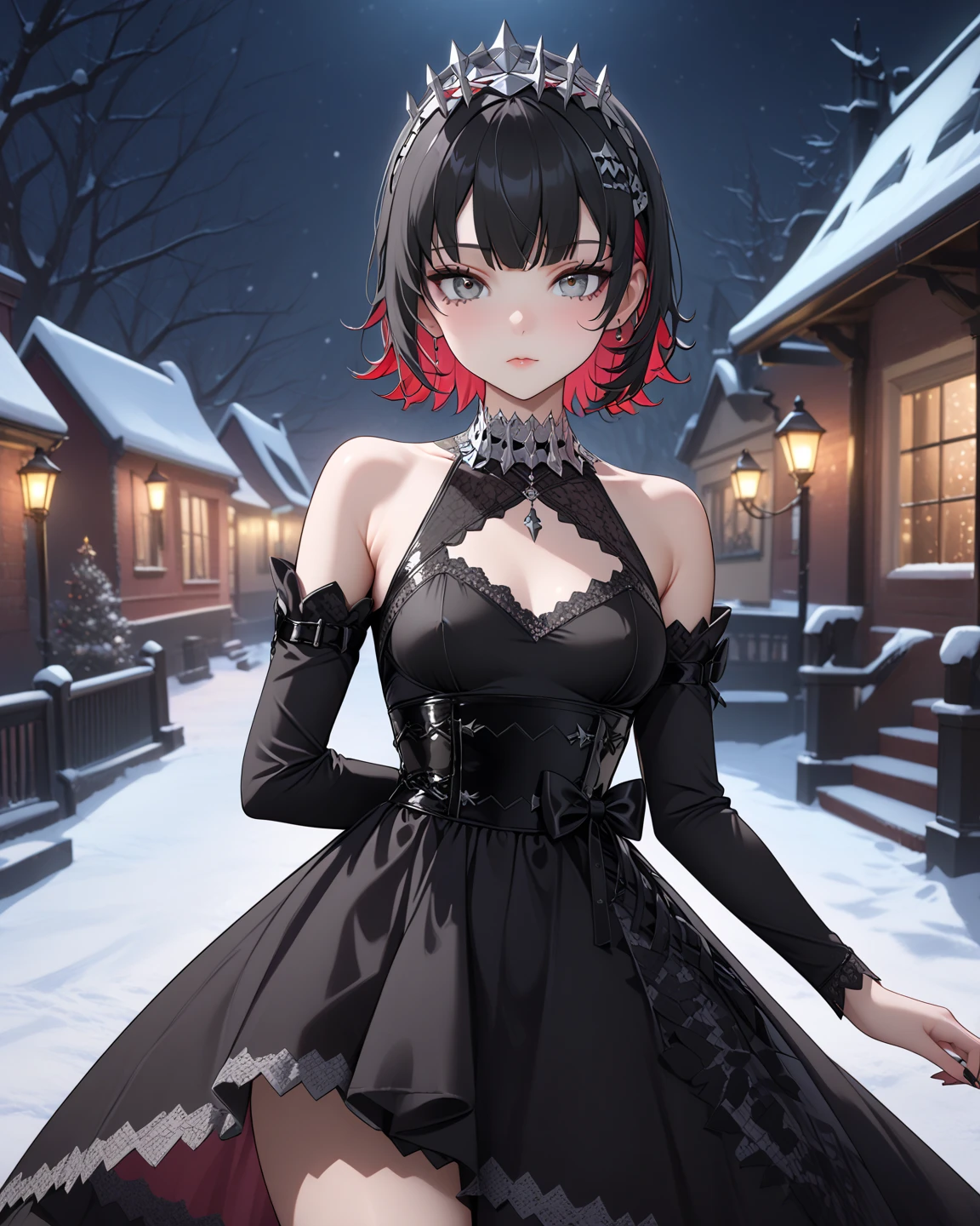 score_9, score_8_up, score_9_up, 1girl, source_anime, close up photo,  beautiful face, ellenjoe, night, passionless,  closed mouth, ellen joe, black hair, moonlight, party, night. winter,  party, fantasy party, fantasy night dress, night party, snow, sexy body, very small breasts,  colored inner hair, multicolored hair, grey eyes, total black outfit, dancing alone, sadistic eyes, red hair,  shoes pumps black, short hair,  two-tone hair, shoulders covered, shoulders covered by the dress, not loooking at the viewer, winter long dress, dance long dress, gothic dress, winter dress, cozy dress, ghotic lolita dress, sideboobs, ghotic dress, lace black dress, winter dress, cozy dress, covered shoulders, black dance dress, ghotic skirt, dress for dancing, winter sleeves, glitter in the corset, shoulders covered by sleeves, long sleeves, long shirt, black corset with silver decorations, gala elegant dress, winter dress, elegant dress, long skirt dress, night, arms behind her back, lace collar, sexy body,  small breasts, two-tone hair,  beautiful eyes, beautiful legs, sexy legs, solo, fantasy world, night, beautiful eyes