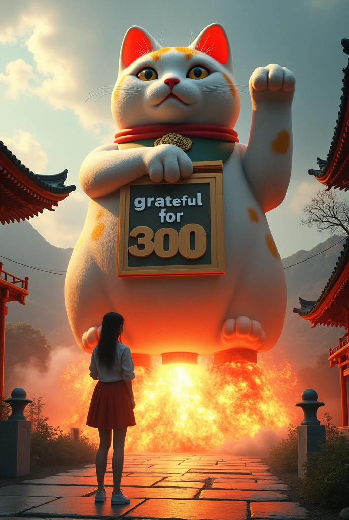 ultra-realistic, photorealistic, dramatic scene, shadow, global-illumination, solo, the girl is in the Precincts of the Japanese temple, there is a statue of the giant fat cat instead of the Giant Buddha, she is looking at the statue, It looks like a statue of a cat but in fact is a rocket now at the moment of launch, Fierce flames shot out from the rocket engine built in its feet and slightly off the ground, the giant cat statue is holding a extremely huge signboard that says "Grateful for 300!" and cute kitten is printed on it, dynamic angle