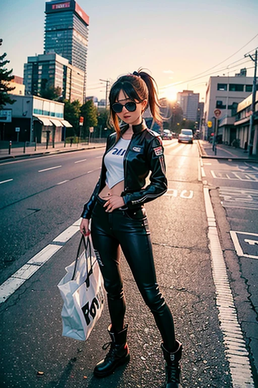 ((top-quality)), ((​masterpiece)), (high-detail:1.3), 。.。.。.3d, Beautiful fece (cyberpunked:1.3), Stylish woman wearing black leather clothes and looking at camera,On patrol,guns, Batons, Martial arts, Martial arts?,daytime or sunset sky or predawn dusk or dawn sunrise,sunglasses and beautiful face ,Korean Beauty,A harsh look at evil,Near Future City,Small breasts, Small waste,Standing at street,Riding the latest big bike,Super large motorcycle with a total displacement of 1500cc or more,A bike several times the size of a person&#39;Body of,The motorcycle is a large Harley Davidson., anatomically correct motorcycle, pretty girl, large motorcycles with a displacement of over 2000cc ,giant motorcycles , precise and accurate motorcycle parts, people in the hot water room ,