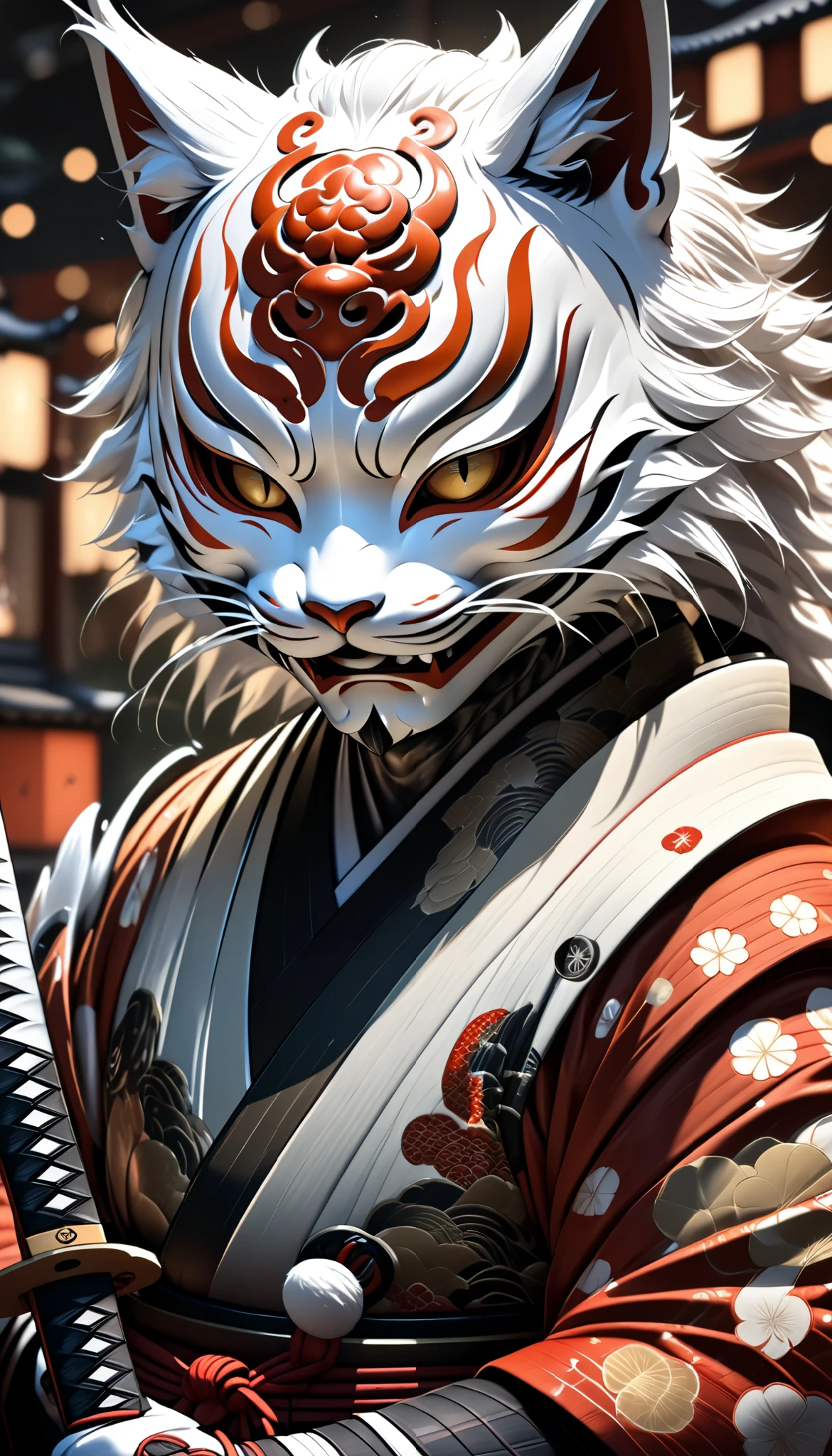 1man, humanoid with white fox features, samurai armor, realistic feline fur texture, wearing Japanese kimono, holding samurai sword, intense gaze, expression obscured by Japanese Noh mask, solitary ronin well-versed in bushido, kemono style, (best quality,4k,8k,highres,masterpiece:1.2),ultra-detailed,(realistic,photorealistic,photo-realistic:1.37),HDR,UHD,studio lighting,ultra-fine painting,sharp focus,physically-based rendering,extreme detail description,professional,vivid colors,bokeh