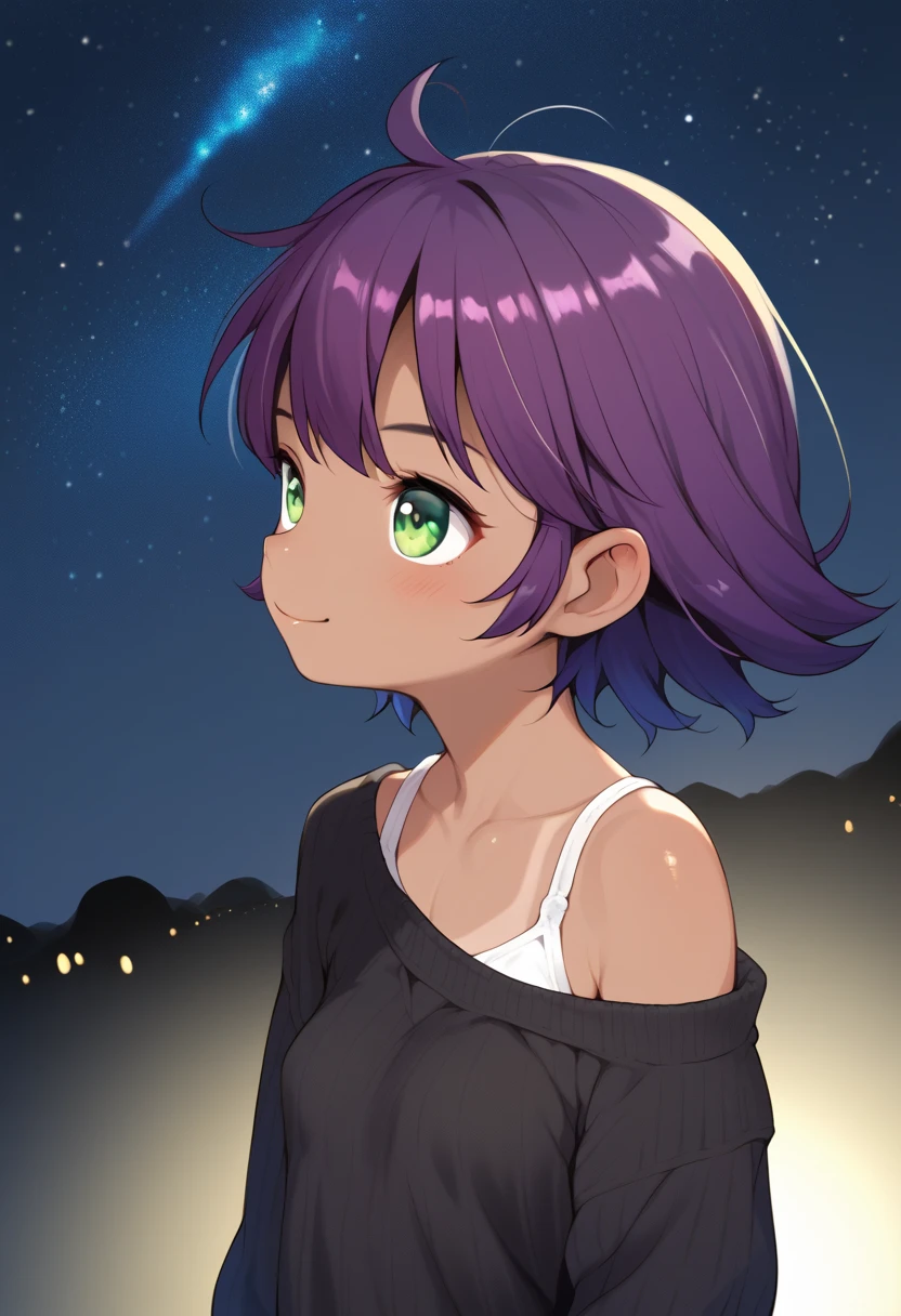 Sky, it's night, j7w_style, ((((whole body)))), the night is full of stars, there are planets in the sky, bright colors, Incredible details, Shiny hair, spectacular hair, (little), (cute), short hair, galaxy hair, green eyes, silhouette, tanned, ((small breasts)), black sweater, bare shoulder, 