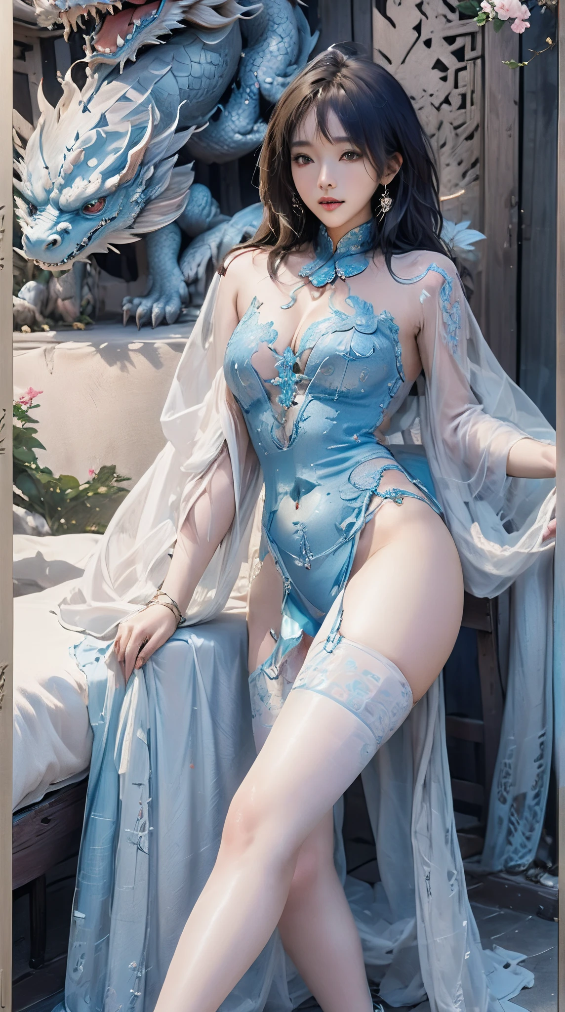 *8K Masterpiece, of the highest quality, Best Quality, offcial art, (Beauty and aesthetics: 1.3), Extremely detailed, (Fractal Art: 1.3), Colorful, Chinese dragon with ice, Serpentine body, Toenails, Cyan and 1 woman, Han Chinese Women's Media, Hanfu, cian