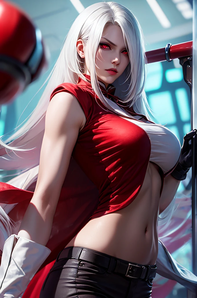 Long white hair, purple bandana hair, red eyes, large breasts, pants, belt, gloves, intimidating face, makeup, waist, navel, look at viewer, laboratory background, red shirt, cape