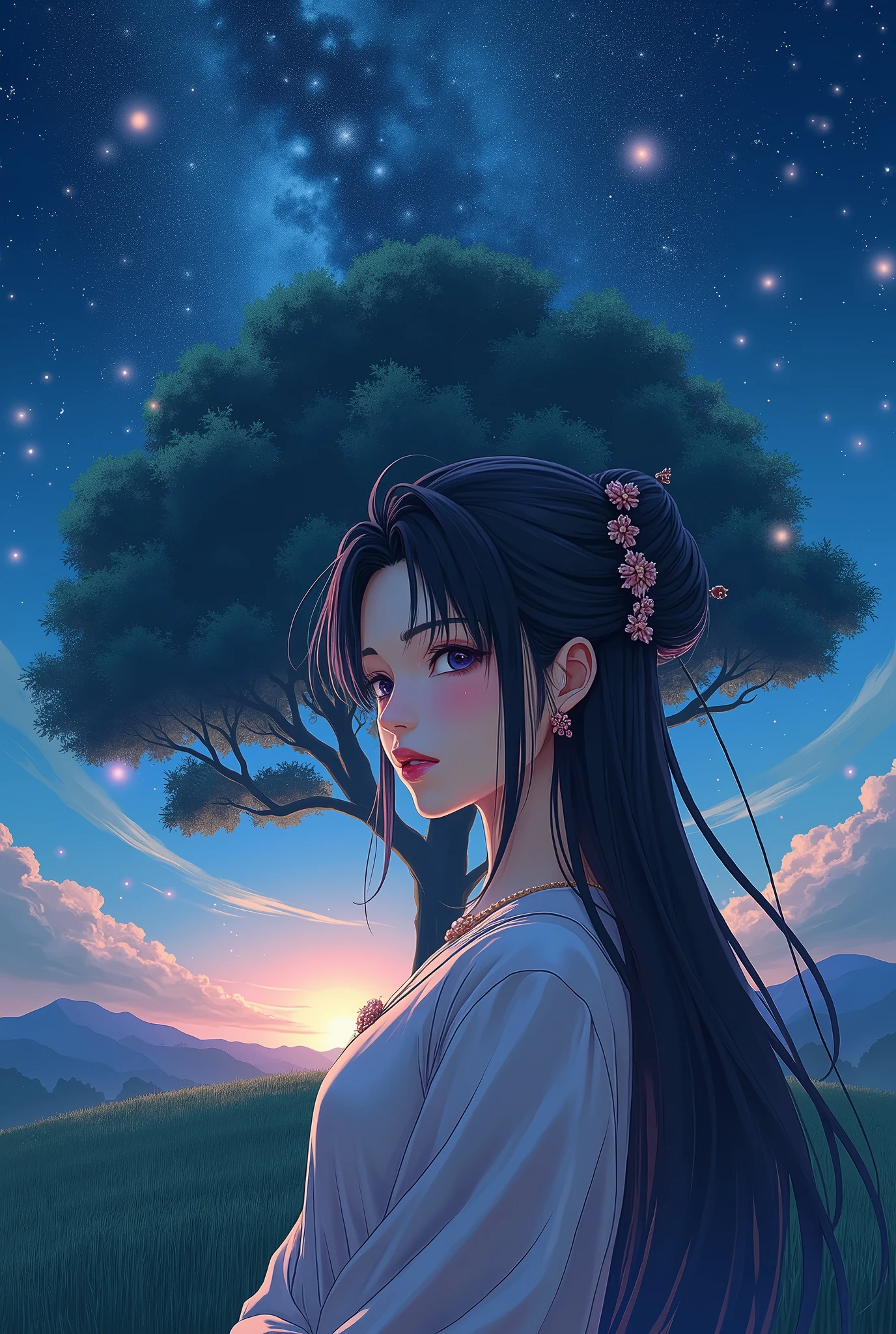 anime,  manga ,  Japanese woman, beautiful,  beauty, goddess, Black hair updo, Mid-chest,  and my eyes are narrow ,  pink lips, necklace,  hair ornament,  gentle expression ,  most beautiful , night,  starry sky , Majestic, 星が瞬くnight, Moonlight, Large tree, Grass Square,  8K,  high definition, 