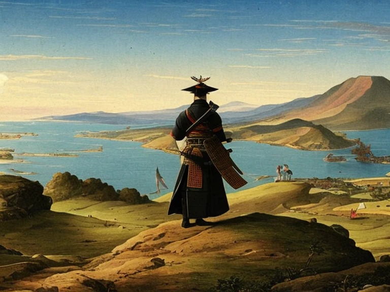 A samurai standing on a hill looking out to sea, Victorian art style