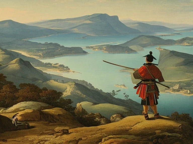 A samurai standing on a hill looking out to sea, Victorian art style