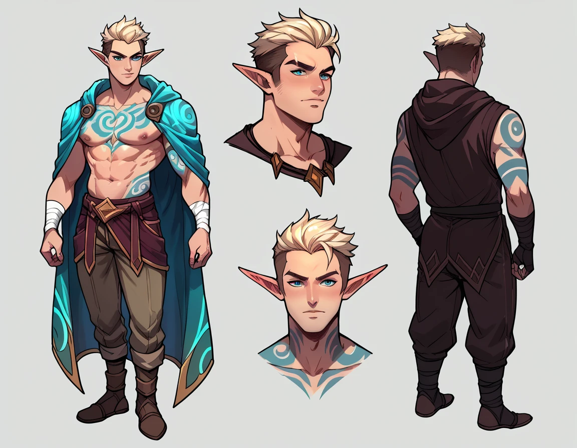 ((league of legends ART style )), Human Male,Elf ears ,Robes  ,  tattoos ,Simple background,character sheet , Pants  ,Bandage on arms,hooded cloak 