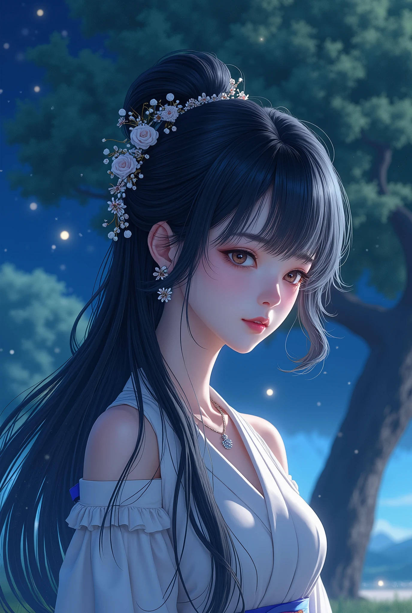 anime,  manga ,  Japanese woman, beautiful,  beauty, goddess, Black hair updo, Mid-chest,  and my eyes are narrow ,  pink lips, necklace,  hair ornament,  gentle expression ,  most beautiful , night,  starry sky , Majestic, 星が瞬くnight, Moonlight, Large tree, Grass Square,  8K,  high definition, 