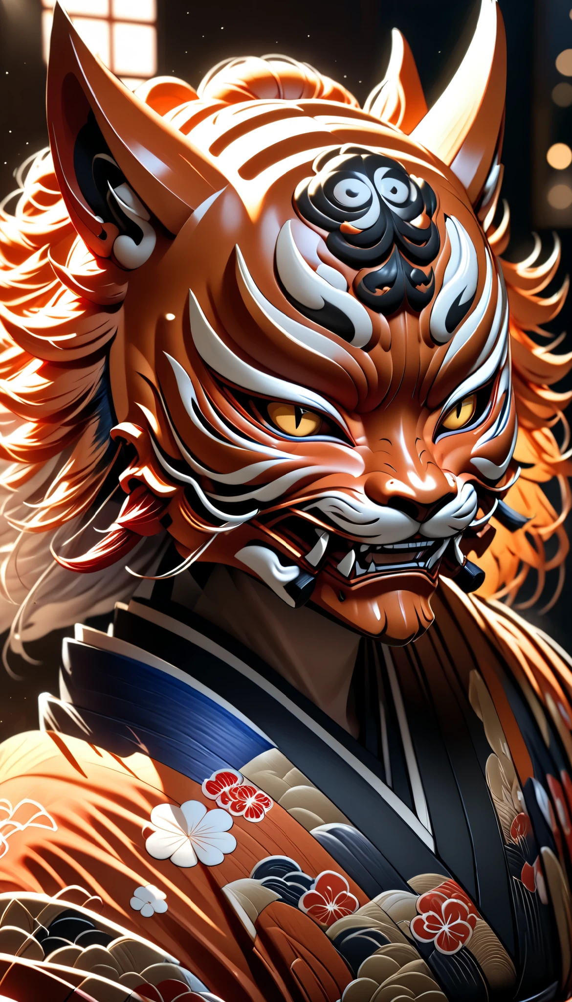 A humanoid with feline features, projecting a samurai silhouette, with a meticulous and realistic fox-like fur texture (1.3), wearing a traditional Japanese kimono, wielding a samurai sword, with an intense and focused gaze, their expression obscured by a Japanese demon Noh mask, an aloof and disciplined ronin well-versed in bushido, in a kemono art style, (best quality,4k,8k,highres,masterpiece:1.2),ultra-detailed,(realistic,photorealistic,photo-realistic:1.37),HDR,UHD,studio lighting,ultra-fine painting,sharp focus,physically-based rendering,extreme detail description,professional,vivid colors,bokeh