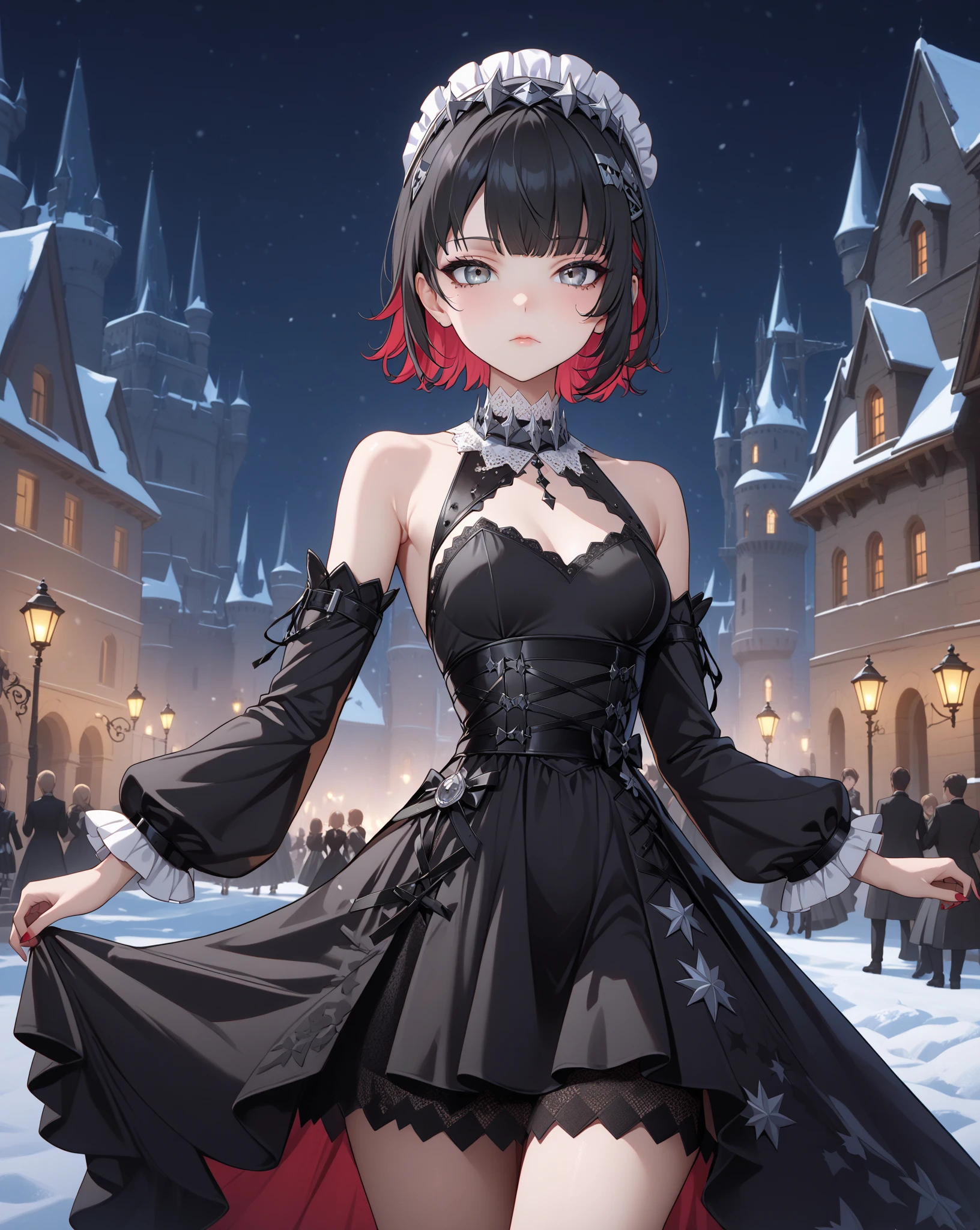 score_9, score_8_up, score_9_up, 1girl, source_anime, close up photo,  beautiful face, ellenjoe, night, passionless,  closed mouth, ellen joe, black hair, moonlight, party, night. winter,  party, fantasy party, fantasy night dress, night party, snow, sexy body, very small breasts,  colored inner hair, multicolored hair, grey eyes, total black outfit, dancing alone, sadistic eyes, red hair,  shoes pumps black, short hair,  two-tone hair, shoulders covered, shoulders covered by the dress, not loooking at the viewer, winter long dress, dance long dress, gothic dress, winter dress, cozy dress, ghotic lolita dress, sideboobs, ghotic dress, lace black dress, winter dress, cozy dress, covered shoulders, black dance dress, ghotic skirt, dress for dancing, winter sleeves, glitter in the corset, shoulders covered by sleeves, long sleeves, long shirt, black corset with silver decorations, gala elegant dress, winter dress, elegant dress, long skirt dress, night, arms behind her back, lace collar, sexy body,  small breasts, two-tone hair,  beautiful eyes, beautiful legs, sexy legs, solo, fantasy world, night, beautiful eyes