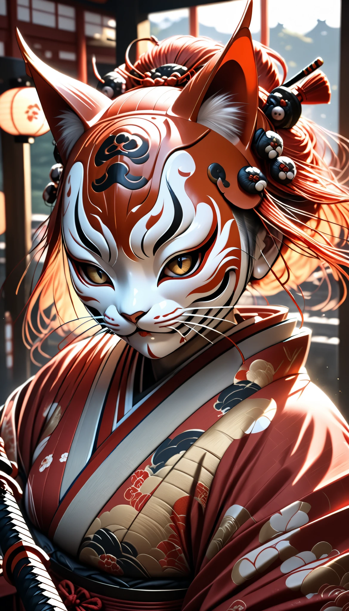 1girl, humanoid with cat features, samurai armor, realistic feline fur texture, wearing Japanese kimono, holding samurai sword, intense gaze, expression obscured by Japanese Noh mask, solitary ronin well-versed in bushido, kemono style, (best quality,4k,8k,highres,masterpiece:1.2),ultra-detailed,(realistic,photorealistic,photo-realistic:1.37),HDR,UHD,studio lighting,ultra-fine painting,sharp focus,physically-based rendering,extreme detail description,professional,vivid colors,bokeh