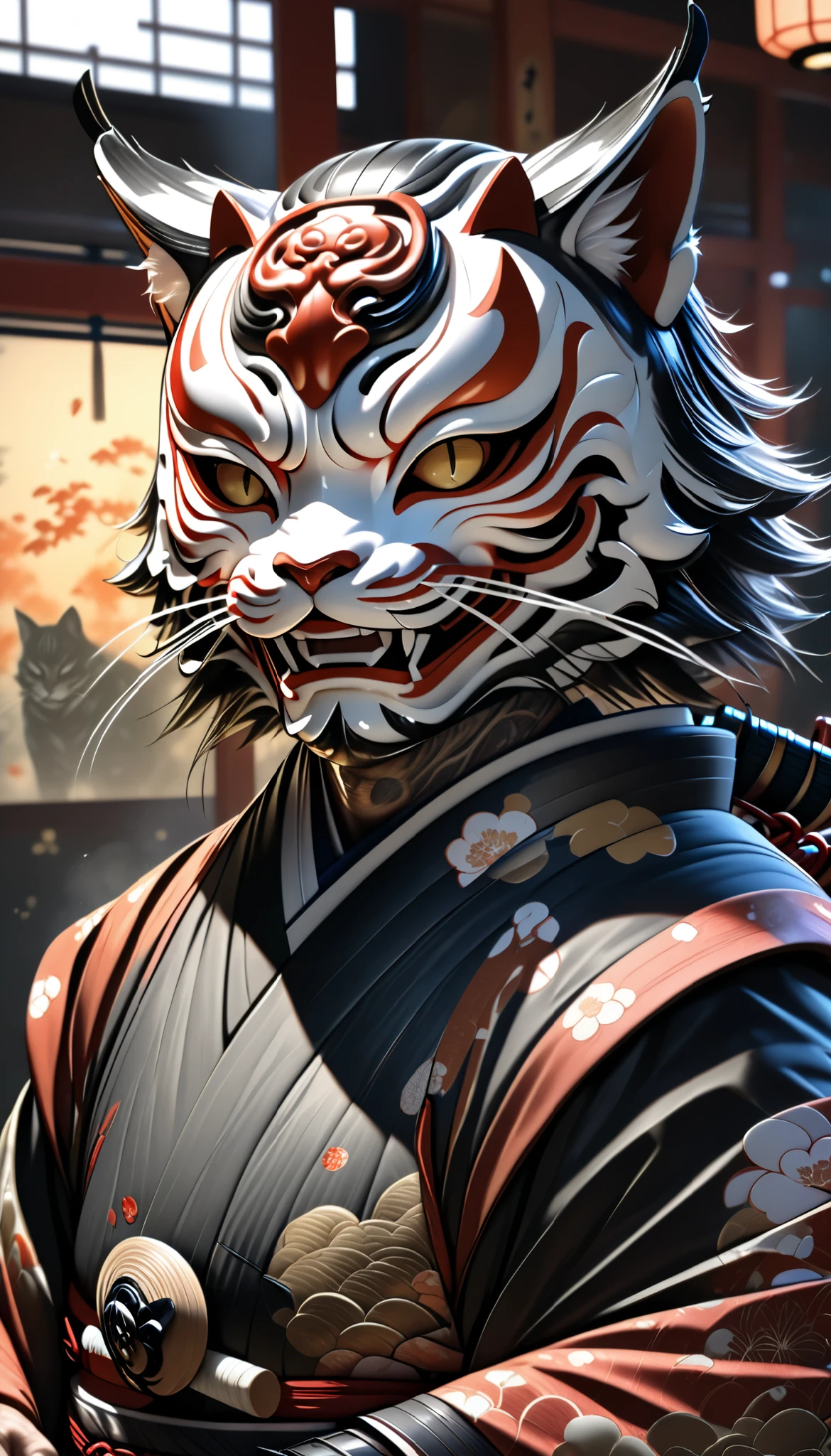 1man, humanoid with cat features, samurai armor, realistic feline fur texture, wearing Japanese kimono, holding samurai sword, intense gaze, expression obscured by Japanese Noh mask, solitary ronin well-versed in bushido, kemono style, (best quality,4k,8k,highres,masterpiece:1.2),ultra-detailed,(realistic,photorealistic,photo-realistic:1.37),HDR,UHD,studio lighting,ultra-fine painting,sharp focus,physically-based rendering,extreme detail description,professional,vivid colors,bokeh