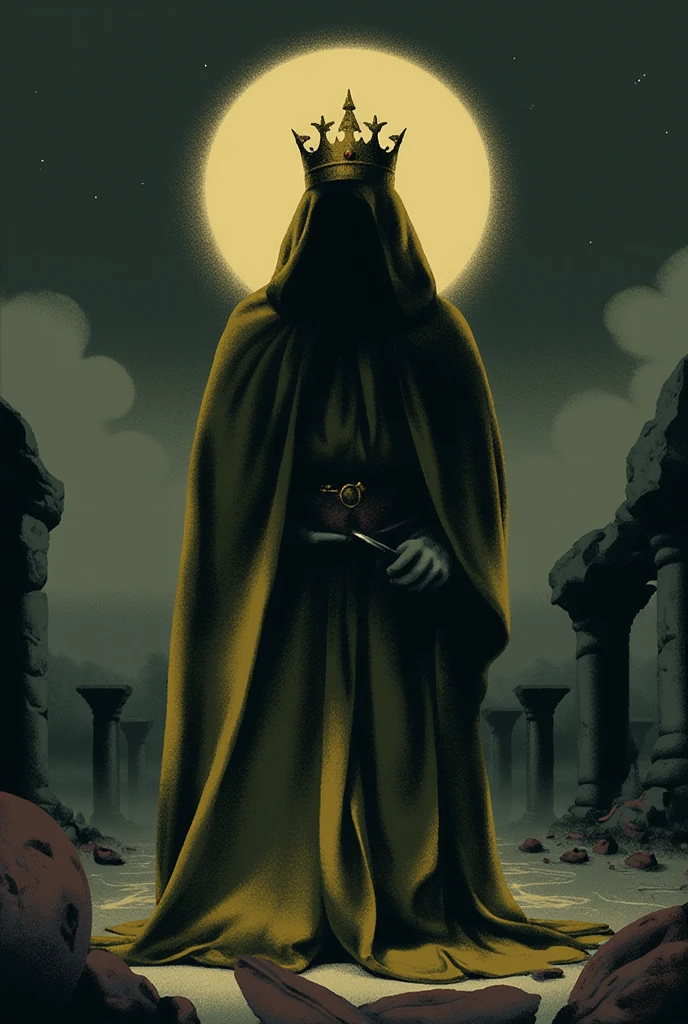 A towering figure stands draped in flowing, tattered yellow robes, his face obscured by a delicate, threadbare veil. His form radiates a quiet, unsettling power, silhouetted against a backdrop of crumbling ruins under a dim, pale moon. The golden crown on his head is jagged and ancient, barely holding together, as if it, too, is decaying with time. Around him, the landscape is barren, shrouded in mist, with fragments of forgotten symbols etched into the ground. His presence feels heavy, as if reality itself bends under the weight of his existence, casting an eerie, melancholic atmosphere over the scene.