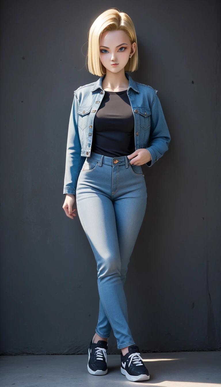 stunning intricate full color portrait, wearing a black round neck plain Tee-shirt, full length tee-shirt, tight jeans, epic character composition, sharp focus, natural lighting, subsurface scattering, f2, 35mm, film grain, half sleeve Teeshirt, dar blue skinny jeans, pretty feets,