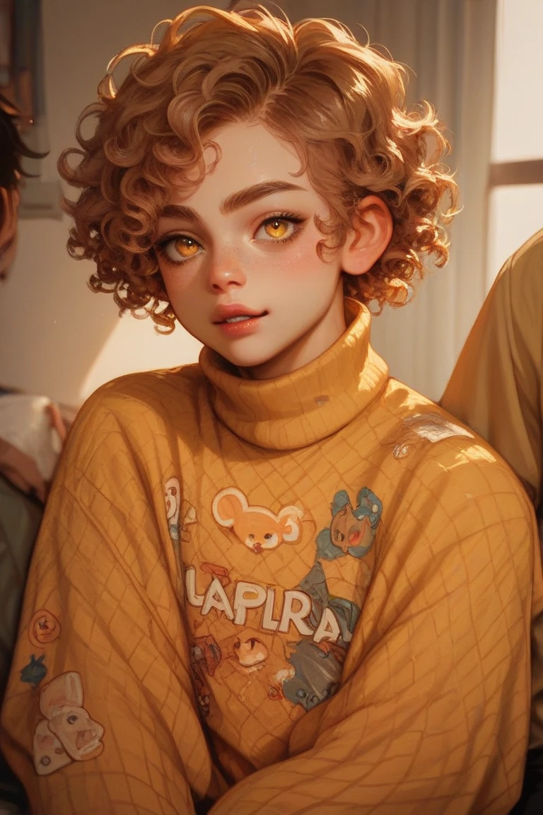 Young teenage boy, with golden eyes and striking ,  curly hair of a peculiar pink color, wearing a yellow sweater 