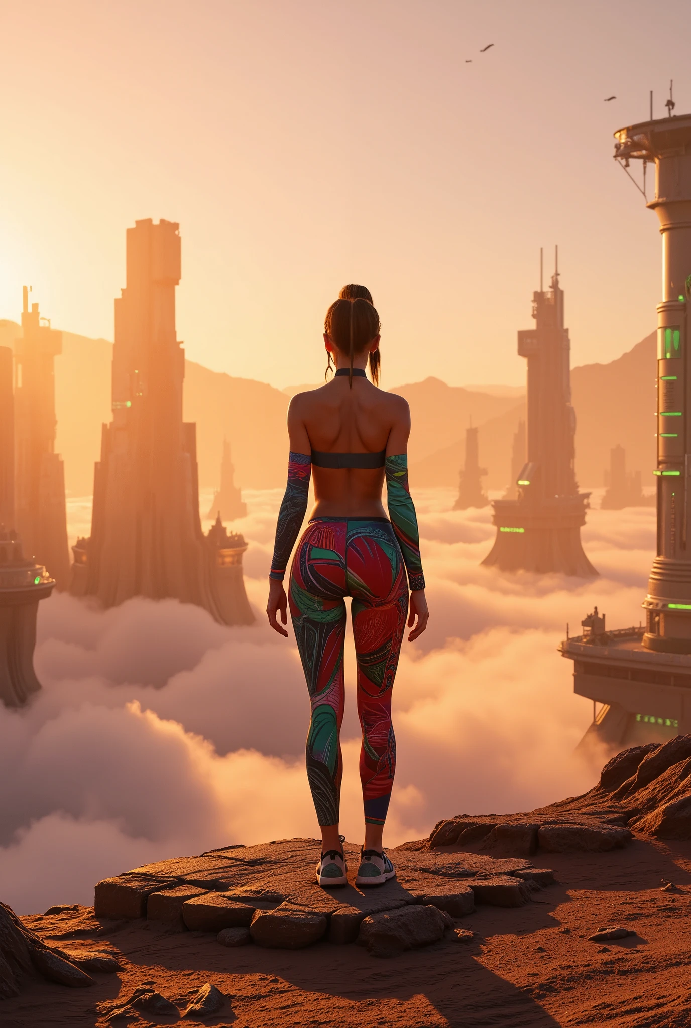 There is a woman standing on a rock overlooking a city - SeaArt AI