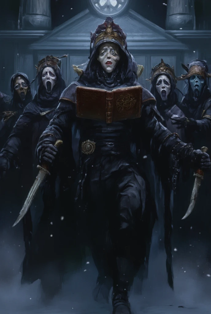 Ethereal Aeldari women, clad in dark, form-fitting power armor, stand before a house, their faces concealed by helmets with high crests. The visage of the helmets resemble Ghostface from the Scream movies. Four figures, each grasping a long katana and a book of Christmas carols, pose as one, their slender fingers holding up the worn pages as they sing. Soft, moonlit snowflakes dance around them, casting an otherworldly glow on this haunting holiday scene. w4rh4mm3r style oil painting, grimdark