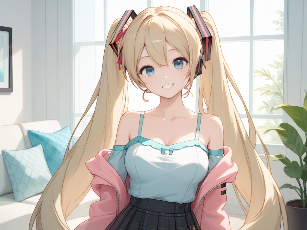 hatsune miku (vocaloid)
masterpiece, exquisite, beautiful, 4K, woman, hopeful, smiling, standing, looking at viewer, long hair, blonde, aqua eyes, big eyes, pale skin, tall, slender, beautiful breasts, blouse, hoodie, off shoulder, mini skirt, hair ribbon, piercing, in the living room, with a window, beautiful, cel anime, upper body