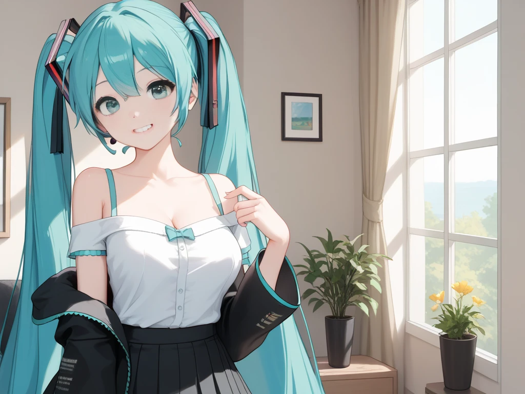 hatsune miku (vocaloid)
masterpiece, exquisite, beautiful, 4K, woman, hopeful, smiling, standing, looking at viewer, long hair, blonde, aqua eyes, big eyes, pale skin, tall, slender, beautiful breasts, blouse, hoodie, off shoulder, mini skirt, hair ribbon, piercing, in the living room, with a window, beautiful, cel anime, upper body