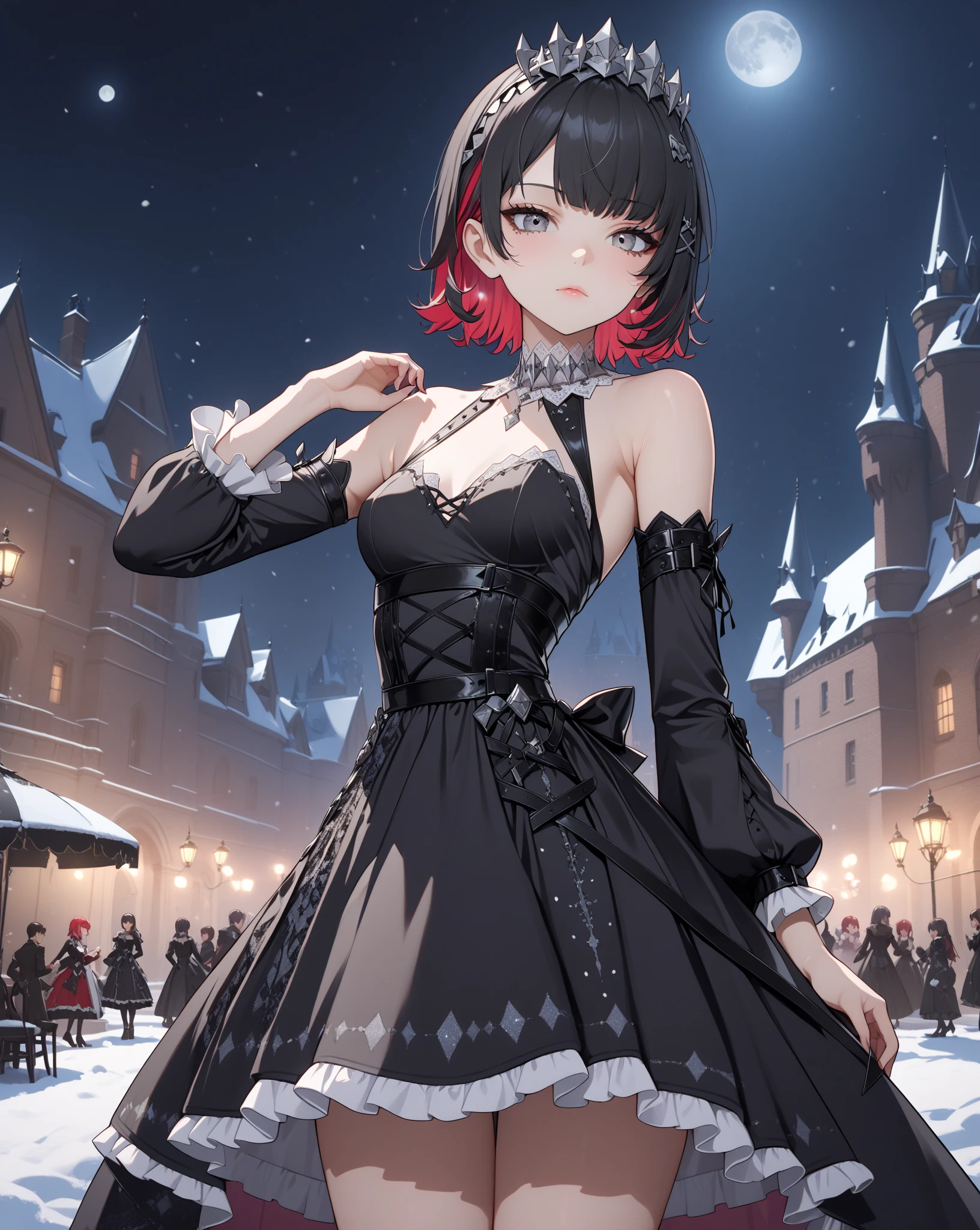 score_9, score_8_up, score_9_up, 1girl, source_anime, close up photo,  beautiful face, ellenjoe, night, passionless,  closed mouth, ellen joe, black hair, moonlight, party, night. winter,  party, fantasy party, fantasy night dress, night party, snow, sexy body, very small breasts,  colored inner hair, multicolored hair, grey eyes, total black outfit, dancing alone, sadistic eyes, red hair,  shoes pumps black, short hair,  two-tone hair, shoulders covered, shoulders covered by the dress, not loooking at the viewer, winter long dress, dance long dress, gothic dress, winter dress, cozy dress, ghotic lolita dress, sideboobs, ghotic dress, lace black dress, winter dress, cozy dress, covered shoulders, black dance dress, ghotic skirt, silver corset, dress for dancing, winter sleeves, glitter in the corset, shoulders covered by sleeves, long sleeves, long shirt, black corset with silver decorations, gala elegant dress, winter dress, elegant dress, long skirt dress, night, arms behind her back, lace collar, sexy body,  small breasts, two-tone hair,  beautiful eyes, beautiful legs, sexy legs, solo, fantasy world, night, beautiful eyes